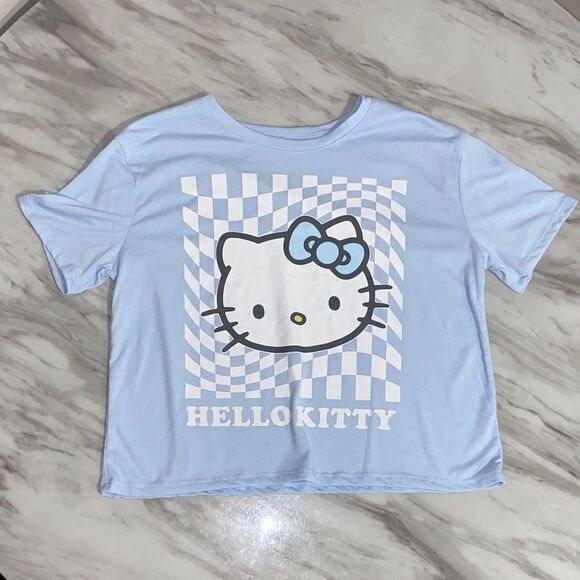 Hello Kitty by Sanrio Blue Checkerboard Cropped Graphic Tee Size M - Picture 6 of 10